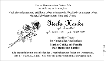 Traueranzeige von Gisela Hauke von Märkische Oderzeitung