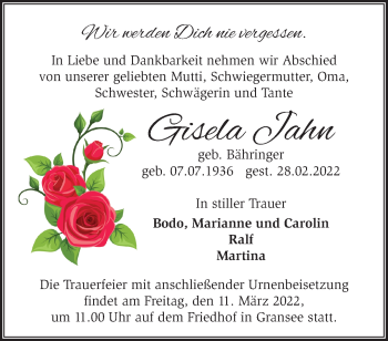 Traueranzeige von Gisela Jahn von Märkische Oderzeitung