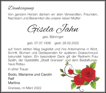 Traueranzeige von Gisela Jahn von Märkische Oderzeitung