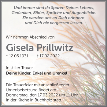 Traueranzeige von Gisela Prillwitz von Märkische Oderzeitung