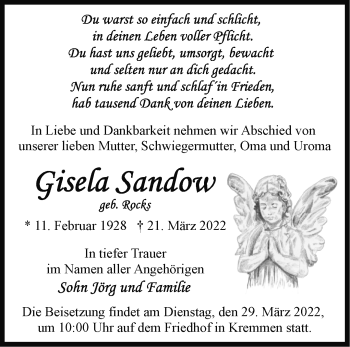 Traueranzeige von Gisela Sandow von Märkische Oderzeitung