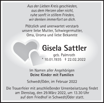 Traueranzeige von Gisela Sattler von Märkische Oderzeitung