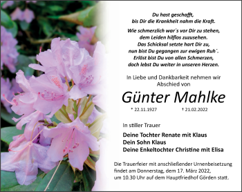 Traueranzeige von Günter Mahlke von Märkische Oderzeitung