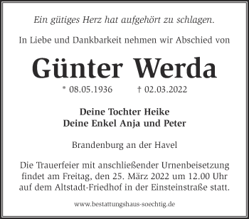 Traueranzeige von Günter Werda von Märkische Oderzeitung
