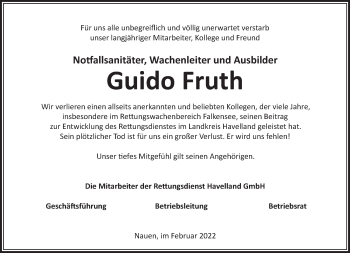 Traueranzeige von Guido Fruth von Märkische Oderzeitung