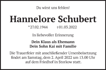 Traueranzeige von Hannelore Schubert von Märkische Oderzeitung