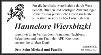 Traueranzeige von Hannelore Wiersbitzki von Märkische Oderzeitung