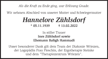 Traueranzeige von Hannelore Zühlsdorf von Märkische Oderzeitung