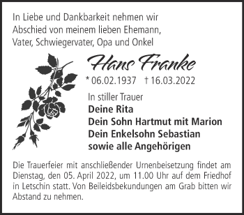 Traueranzeige von Hans Franke von Märkische Oderzeitung