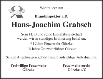 Traueranzeige von Hans-Joachim Grabsch von Märkische Oderzeitung