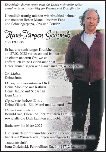 Traueranzeige von Hans-Jürgen Godzinski von Märkische Oderzeitung