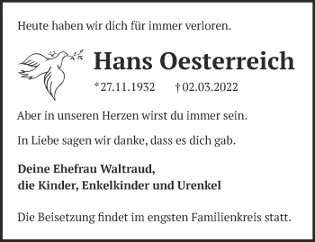 Traueranzeige von Hans Oesterreich von Märkische Oderzeitung