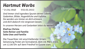 Traueranzeige von Hartmut Worbs von Märkische Oderzeitung
