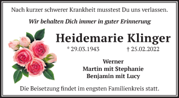 Traueranzeige von Heidemarie Klinger von Märkische Oderzeitung