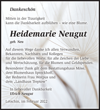 Traueranzeige von Heidemarie Neugut von Märkische Oderzeitung