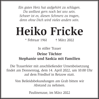 Traueranzeige von Heiko Fricke von Märkische Oderzeitung