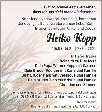 Traueranzeige von Heiko Kopp von Märkische Oderzeitung