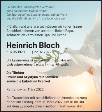 Traueranzeige von Heinrich Bloch von Märkische Oderzeitung