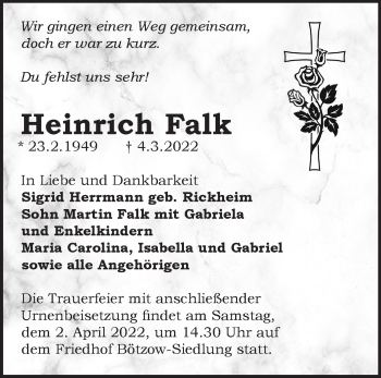 Traueranzeige von Heinrich Falk von Märkische Oderzeitung