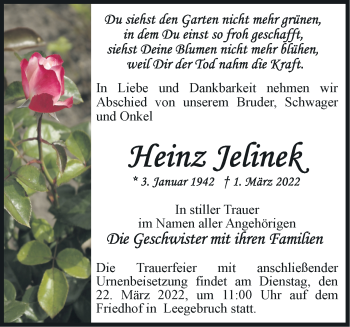 Traueranzeige von Heinz Jelinek von Märkische Oderzeitung