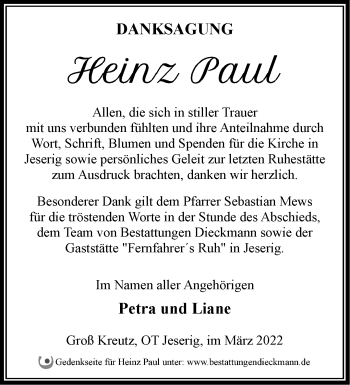 Traueranzeige von Heinz Paul von Märkische Oderzeitung