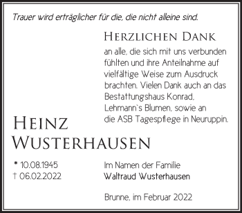 Traueranzeige von Heinz Wusterhausen von Märkische Oderzeitung