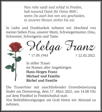 Traueranzeige von Helga Franz von Märkische Oderzeitung