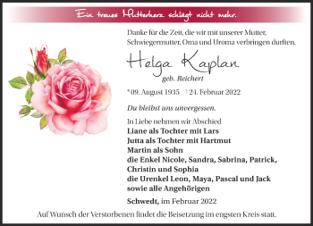 Traueranzeige von Helga Kaplan von Märkische Oderzeitung