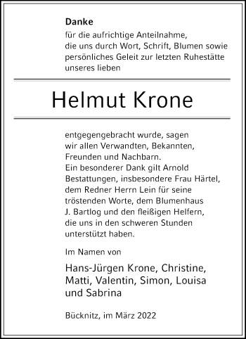 Traueranzeige von Helmut Krone von Märkische Oderzeitung