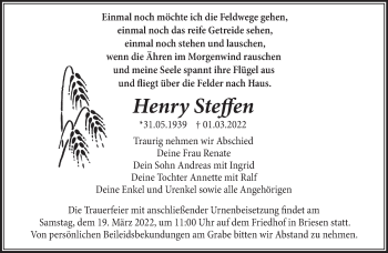 Traueranzeige von Henry Steffen von Märkische Oderzeitung