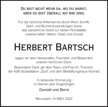 Traueranzeige von Herbert Bartsch von Märkische Oderzeitung