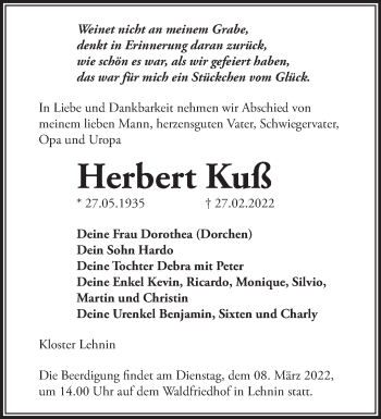 Traueranzeige von Herbert Kuß von Märkische Oderzeitung