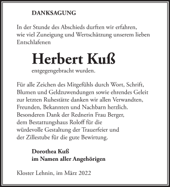 Traueranzeige von Herbert Kuß von Märkische Oderzeitung