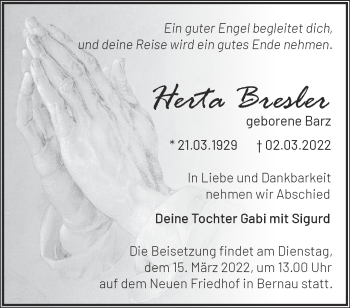 Traueranzeige von Herta Bresler von Märkische Oderzeitung