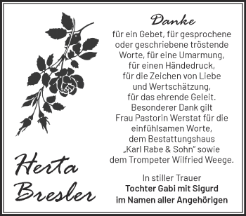 Traueranzeige von Herta Bresler von Märkische Oderzeitung