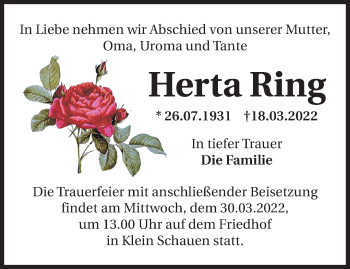 Traueranzeige von Herta Ring von Märkische Oderzeitung