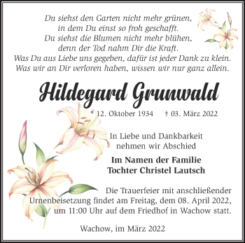 Traueranzeige von Hildegard Grunwald von Märkische Oderzeitung