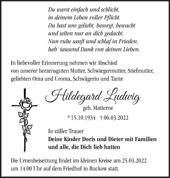 Traueranzeige von Hildegard Ludwig von Märkische Oderzeitung