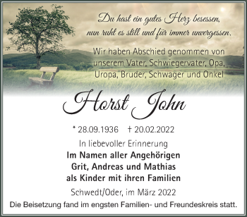 Traueranzeige von Horst John von Märkische Oderzeitung