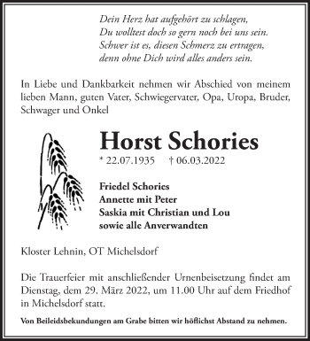 Traueranzeige von Horst Schories von Märkische Oderzeitung