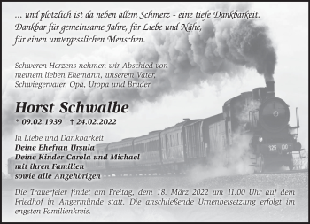 Traueranzeige von Horst Schwalbe von Märkische Oderzeitung