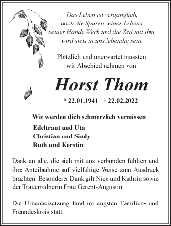 Traueranzeige von Horst Thom von Märkische Oderzeitung