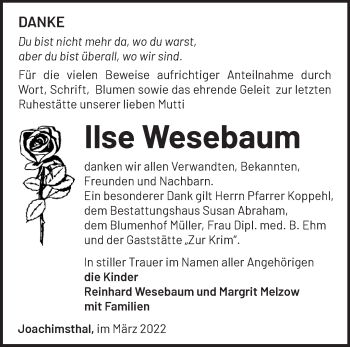 Traueranzeige von Ilse Wesebaum von Märkische Oderzeitung