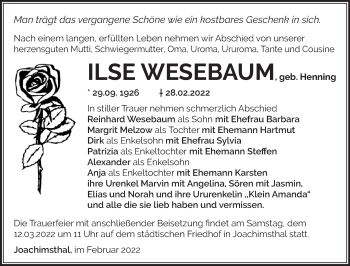 Traueranzeige von Ilse Wesebaum von Märkische Oderzeitung