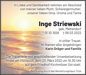 Traueranzeige von Inge Striewski von Märkische Oderzeitung