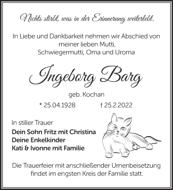 Traueranzeige von Ingeborg Barg von Märkische Oderzeitung