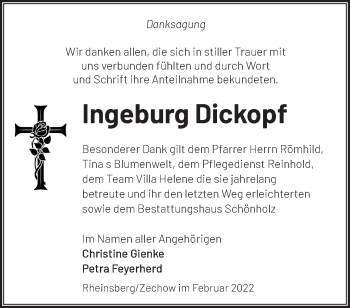 Traueranzeige von Ingeburg Dickopf von Märkische Oderzeitung