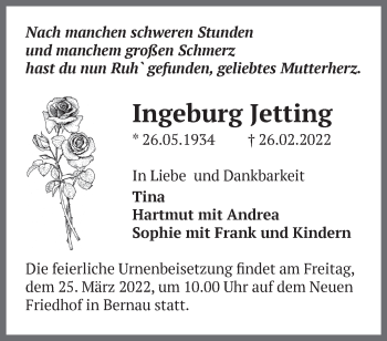 Traueranzeige von Ingeburg Jetting von Märkische Oderzeitung