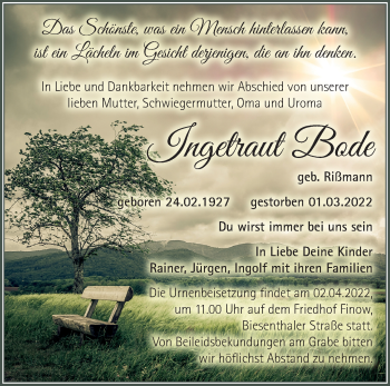Traueranzeige von Ingetraut Bode von Märkische Oderzeitung
