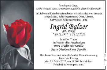 Traueranzeige von Ingrid Balzer von Märkische Oderzeitung